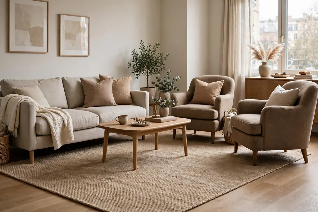 Living area with a large warm neutral rug under a sofa and armchairs