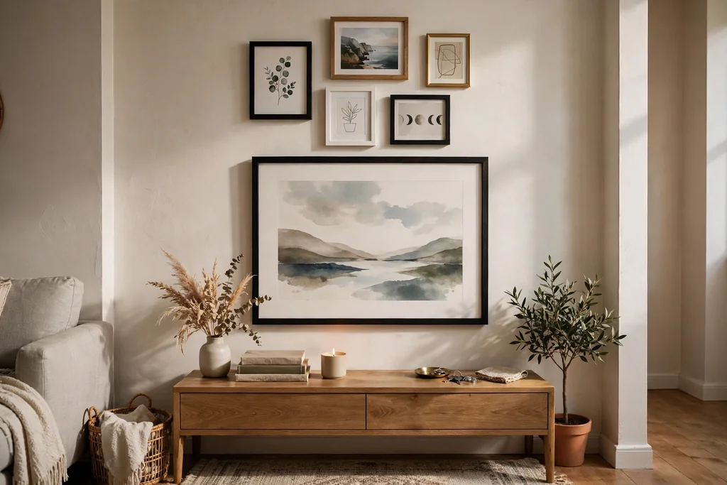Gallery wall with one large framed print and smaller frames above a console table