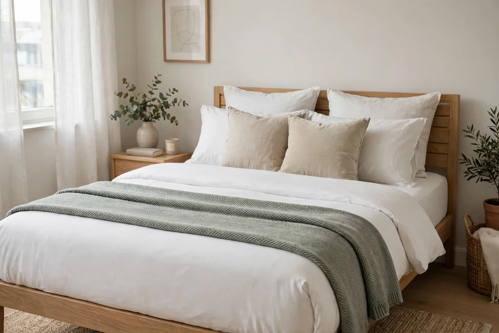 Neatly layered bed with white sheets a folded blanket and soft cushions