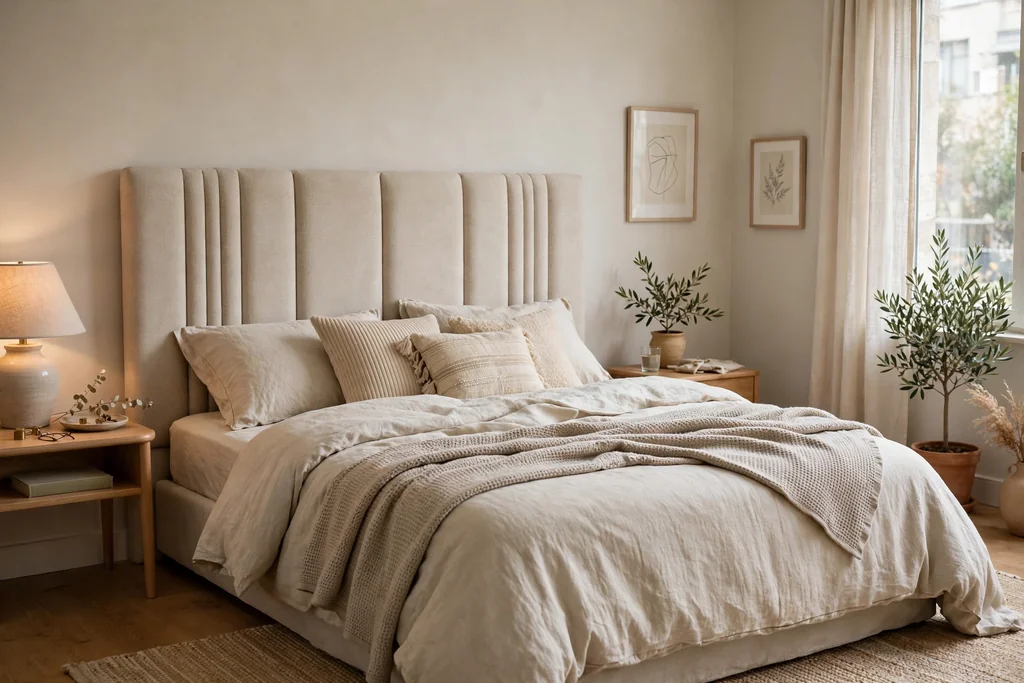 Bed with soft upholstered headboard panels in warm oatmeal fabric
