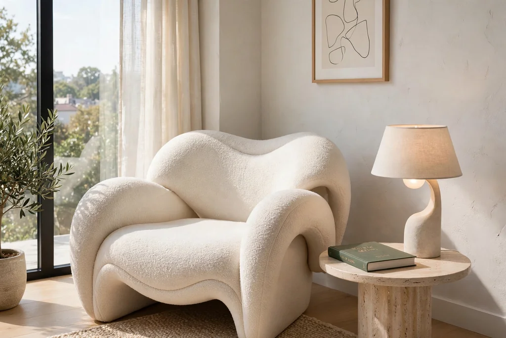 Sculptural reading chair with a small side table and lamp in a bright apartment corner