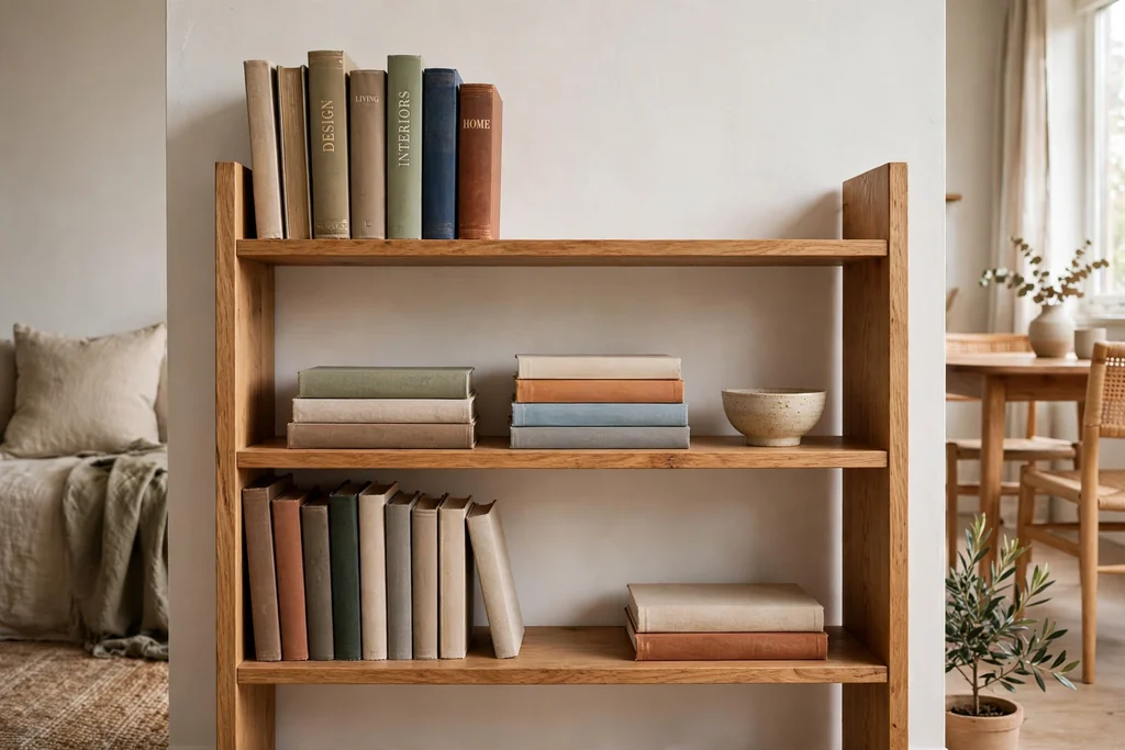 Edited bookshelf with upright books horizontal stacks and open breathing space