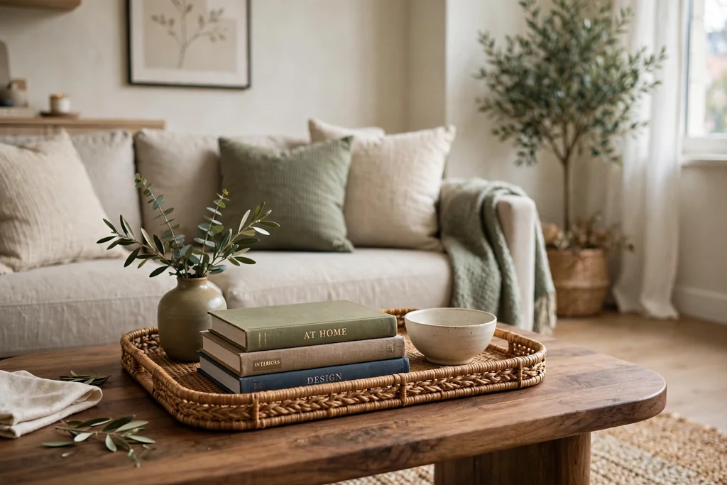 Coffee table with a tray holding books a small bowl and a short vase