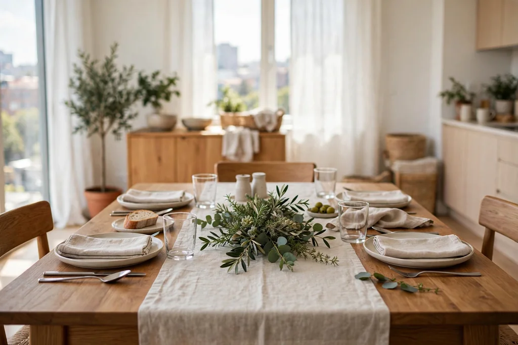 Everyday dining table with a linen runner and a low greenery centerpiece
