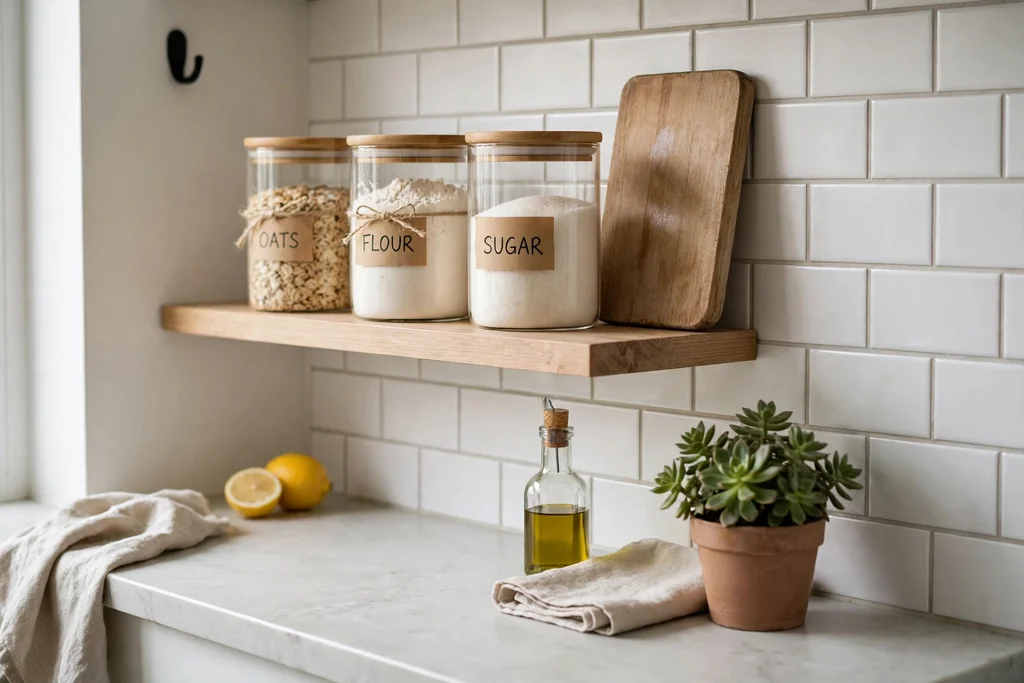 Kitchen shelf with matching jars a leaning wooden board and a small plant