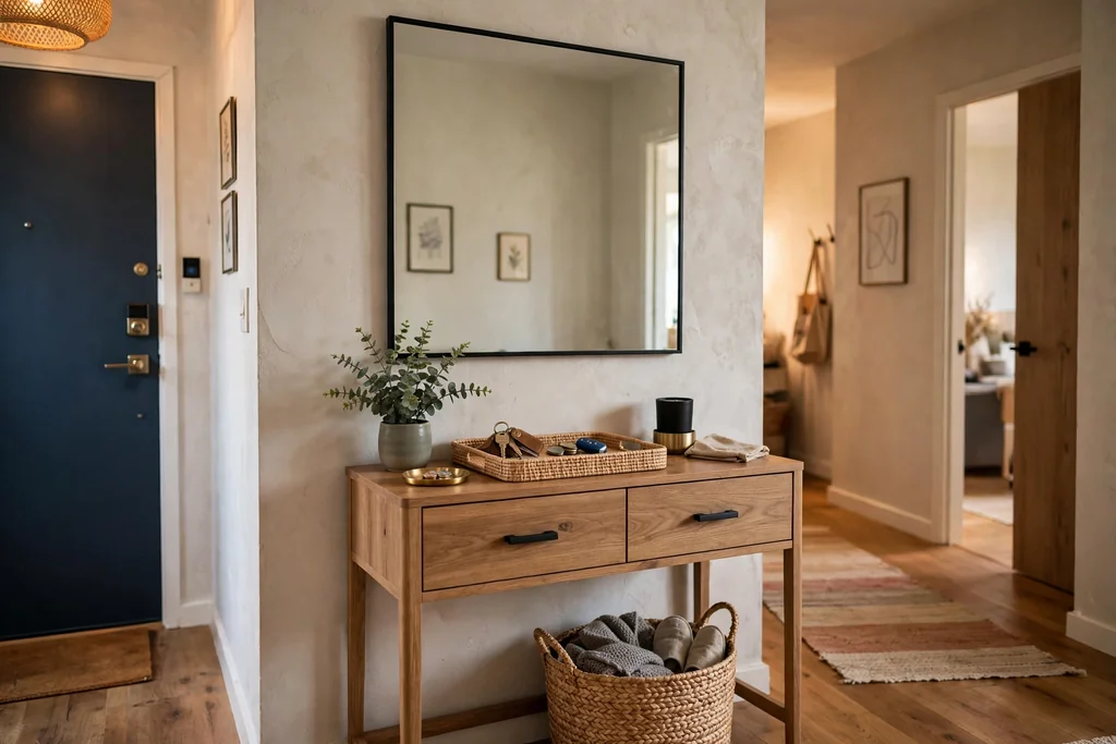 Entry console with a tray for keys a mirror above and a basket below