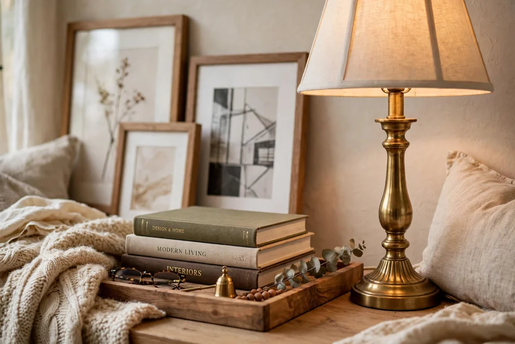 Living room detail with warm brass lamp base picture frames and a tray