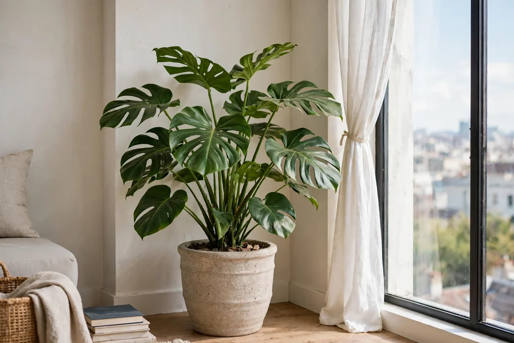 Large leafy plant in a ceramic planter in a bright apartment corner