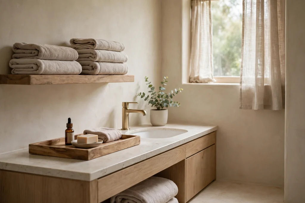 Calm bathroom with folded towels a wooden tray and a small plant