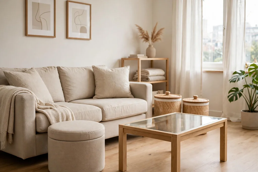 Tidy living room with a storage ottoman and lidded baskets beside the sofa