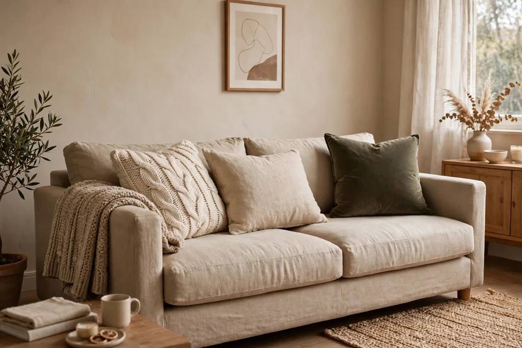Sofa with cushions in varied textures and a folded throw over one arm