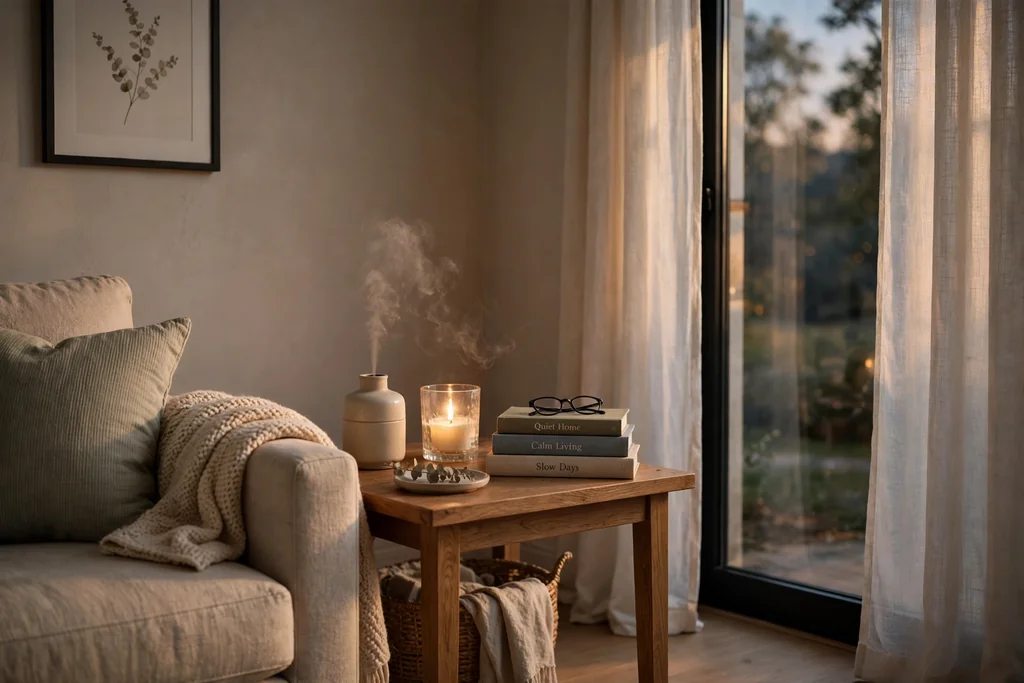 Calm living room corner with a diffuser a candle style light and books