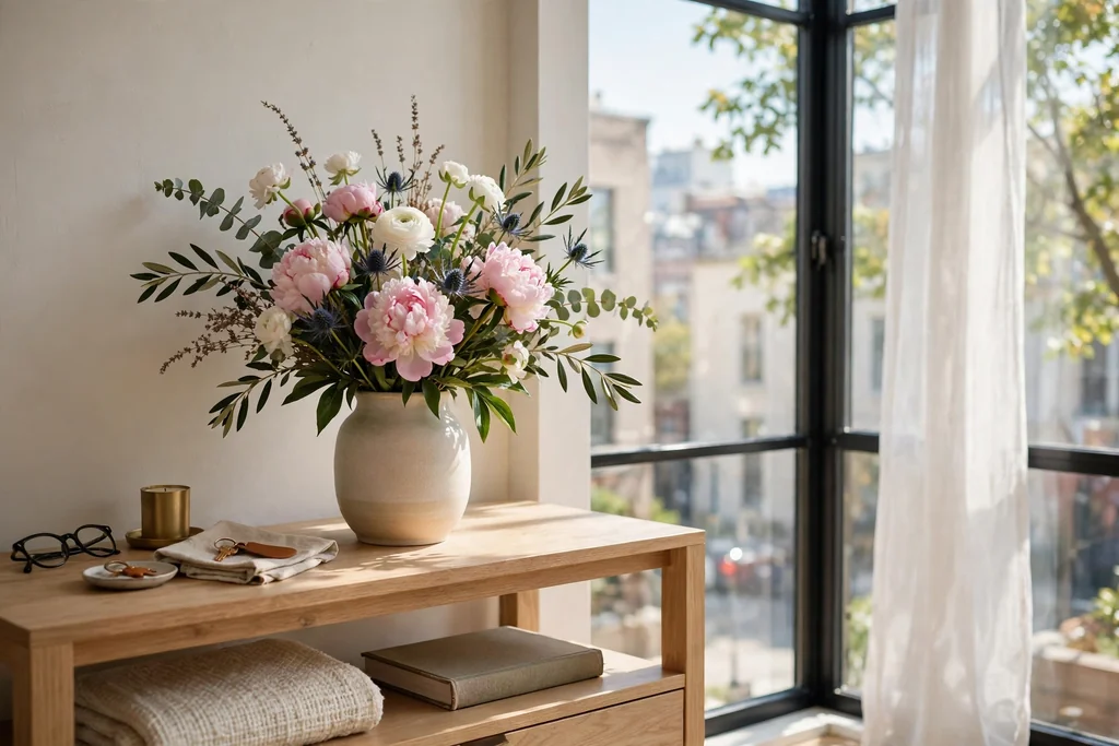 Fresh flowers in a vase on a console table beside a window