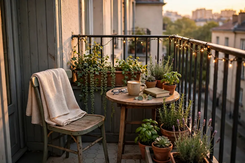 Tiny apartment balcony with a small chair a table and planters