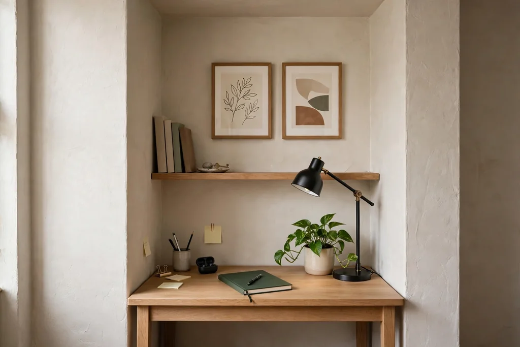 Small desk nook with a task lamp a shelf a plant and art in an alcove