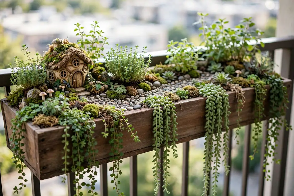 Long balcony rail planter with trailing plants, herbs, a tiny house, and a pebble path.