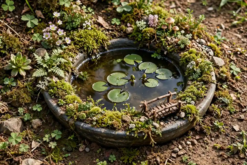 Shallow bowl pond sunk into soil with floating lily pads, moss rim, and a tiny bridge.