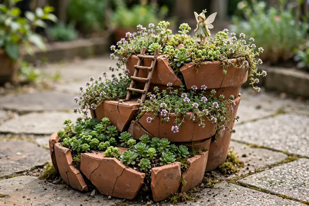 Broken terracotta pot stacked as steps with tiny plants on each level and a small ladder.