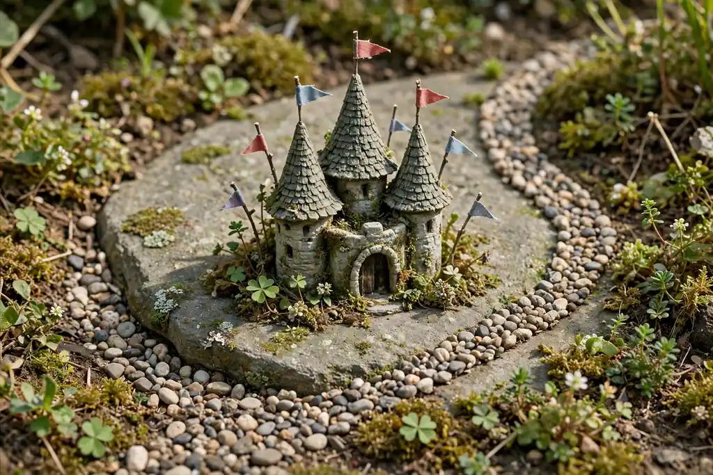 Storybook castle turret on a flat stone with cone roofs, tiny flags, and a winding pebble path.