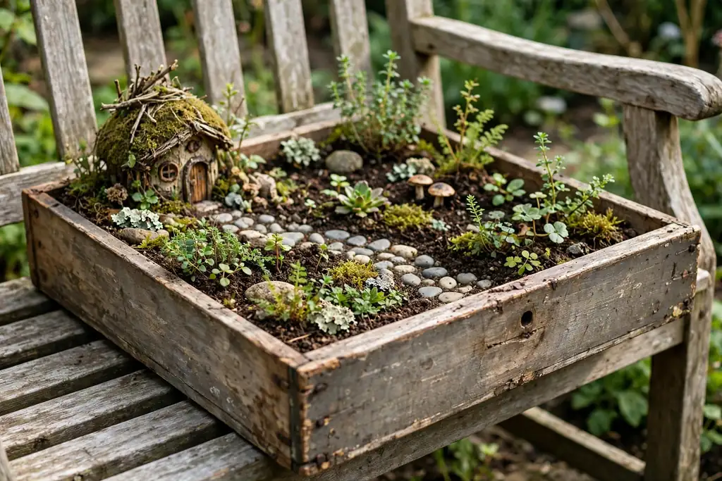 Old wooden drawer filled with soil, a tiny house, a path, and small plants on a bench.