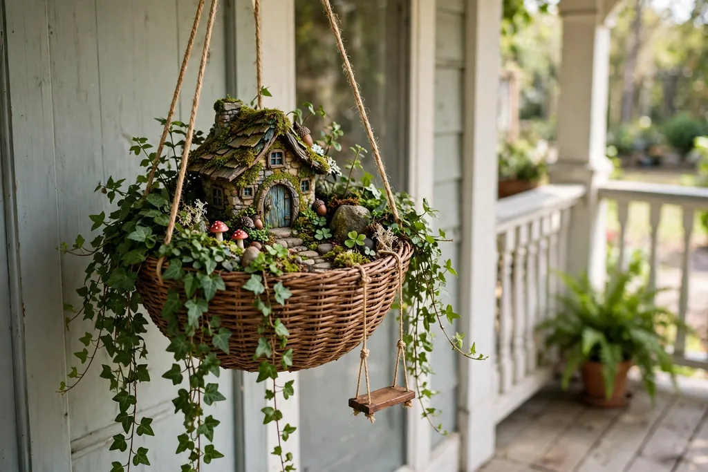 Hanging basket with trailing plants, a tiny house, and a small fairy swing at eye level.