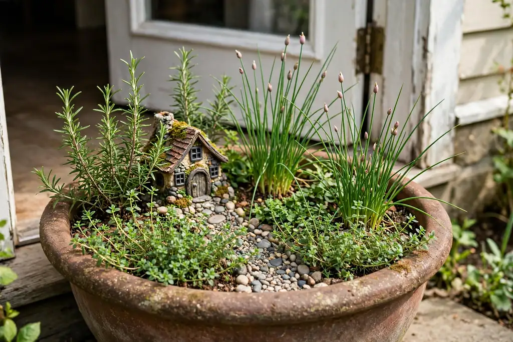 Wide pot of herbs with a tiny cottage, thyme, chives, and a pebble path.