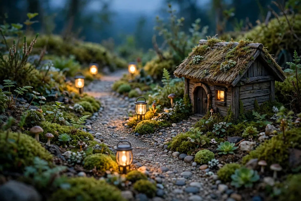 Fairy garden at dusk lit by small warm solar lanterns along a pebble path.