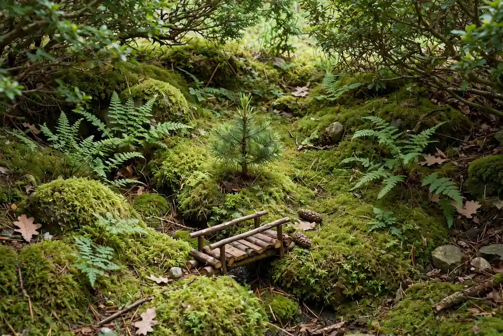 Shaded woodland corner with moss ground cover, small ferns, a miniature conifer, and a tiny wooden bridge.