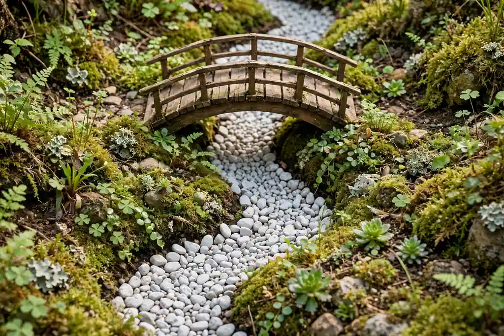 Tiny arched bridge over a winding line of pale pebbles with moss banks.