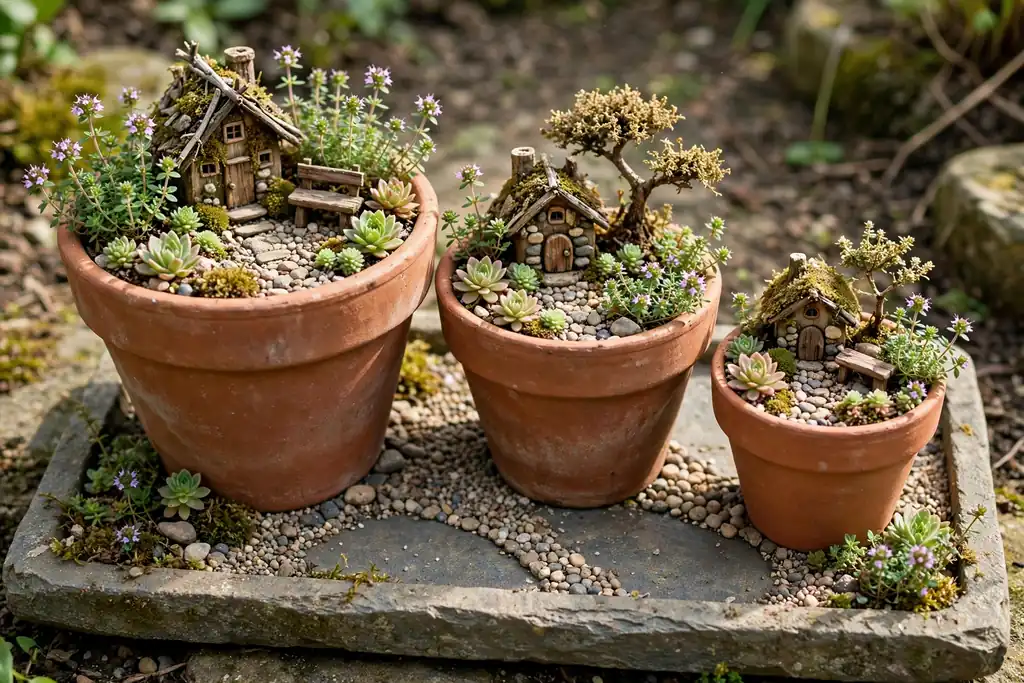 Three terracotta pots grouped as a tiny fairy village with a small house, bench, and miniature tree.