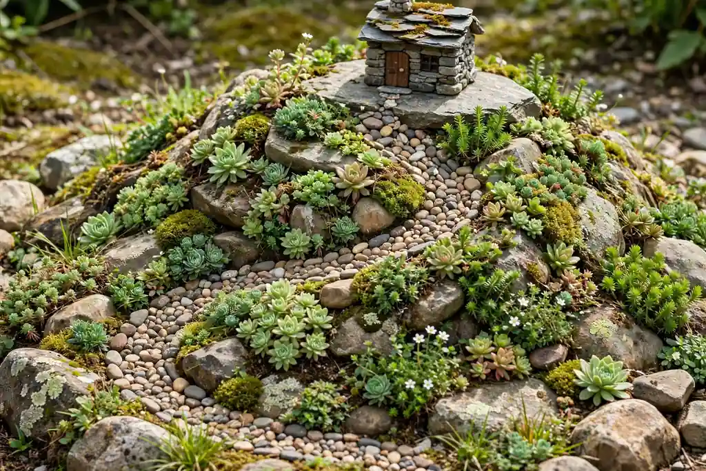 Low rockery mound with stones, alpine plants, sedums, and a tiny stone house on top.