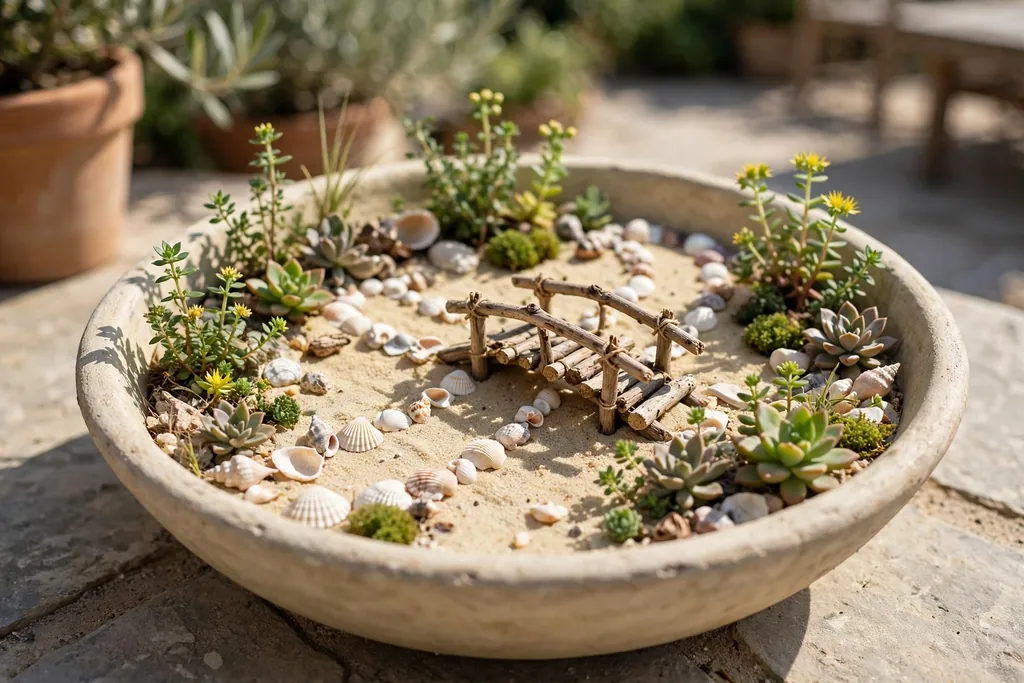 Shallow bowl with sand, shells, driftwood, and small sun loving plants in a coastal fairy scene.