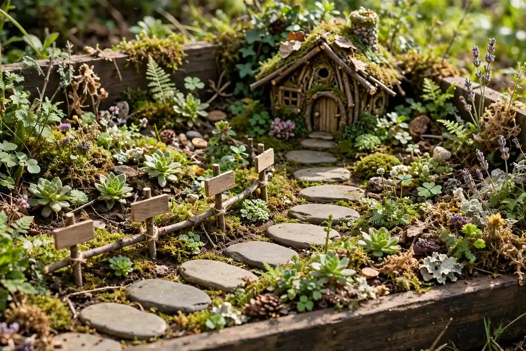 Curved stepping stone path with tiny twig signs in a small fairy garden.