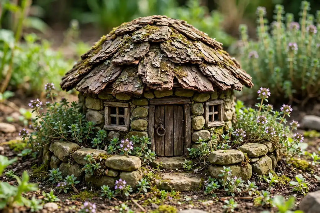 Miniature stone cottage with a bark roof, tiny door, and thyme planted around the walls.