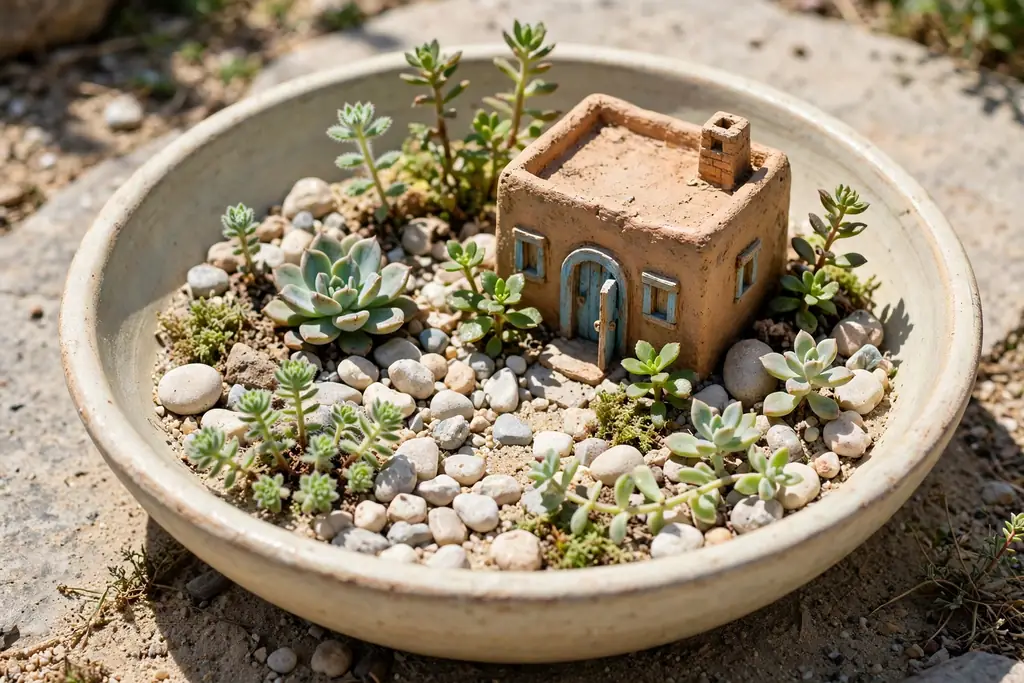 Shallow bowl planted with small succulents, pale pebbles, and a tiny desert style house.