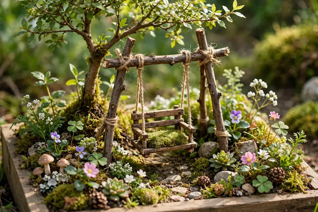 Tiny wooden swing hung from a twig frame under a small tree with low flowers around it.