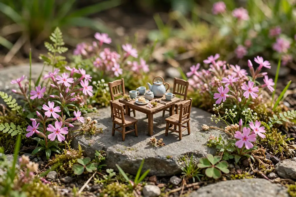 Tiny tea party table with miniature cups, chairs, and a teapot on a flat stone among low flowers.