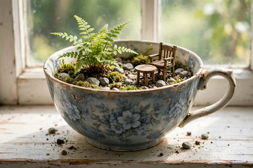 Large teacup planted as a fairy garden with a tiny fern, miniature chair and table, and pebbles on a windowsill.