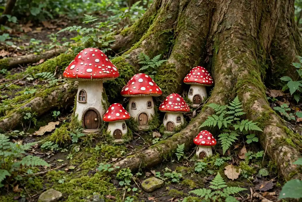 Cluster of red and white toadstools at a tree base with moss and small ferns.