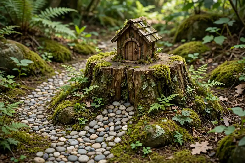 Tree stump topped with a tiny fairy house, moss, and ferns at the base.
