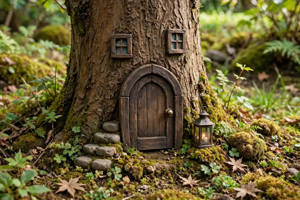 Small wooden fairy door fixed low on a tree trunk with pebble steps and a tiny lantern.