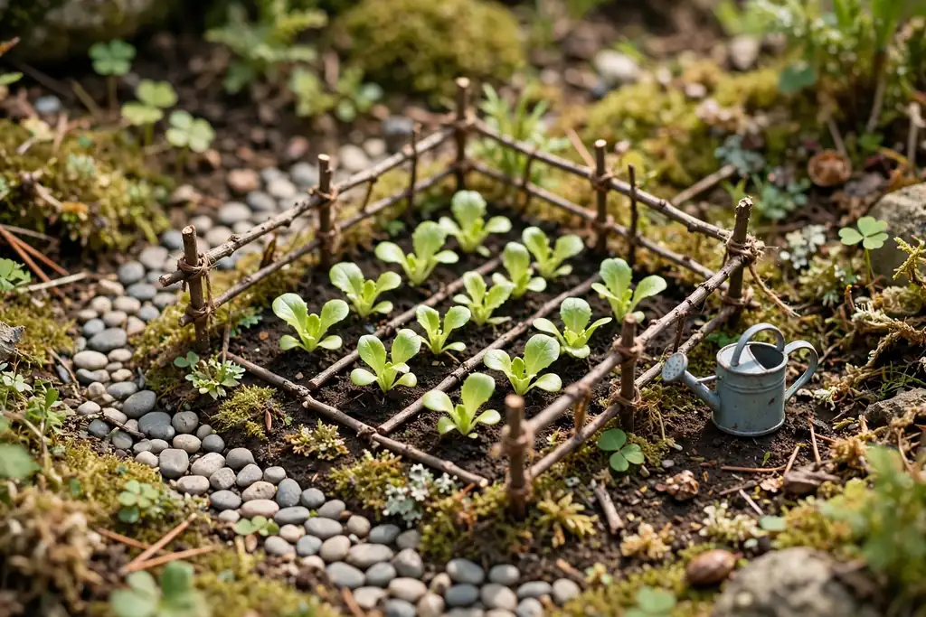 Tiny vegetable patch with short twig rows, baby lettuce, a twig fence, and a pebble path.
