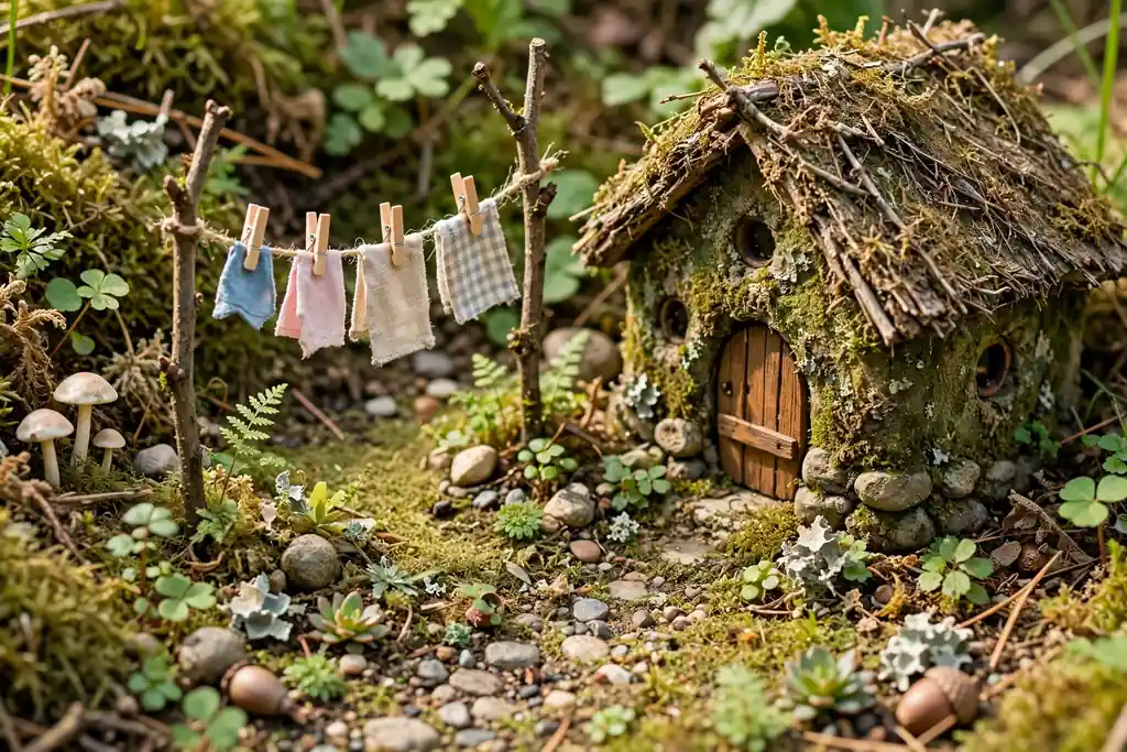 Tiny washing line strung between twigs with small cloth pieces pegged beside a miniature cottage.