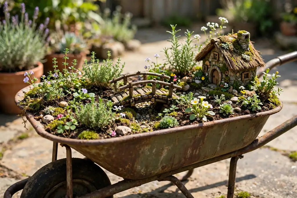 Old wheelbarrow filled with soil, a tiny house, a bridge, and small herbs and flowers.