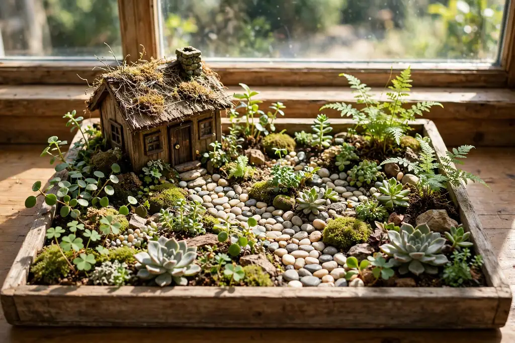 Indoor windowsill tray with small houseplants, a tiny house, and a pebble path in bright light.