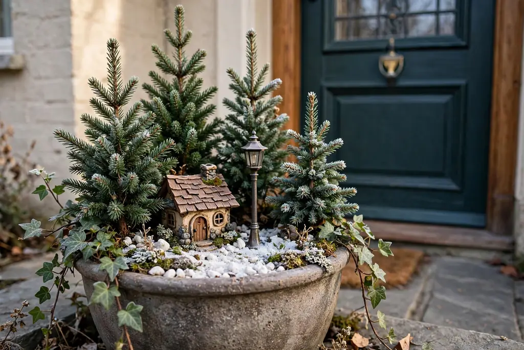 Winter fairy garden pot with small evergreens, a tiny house, white pebbles, and a miniature lamppost.