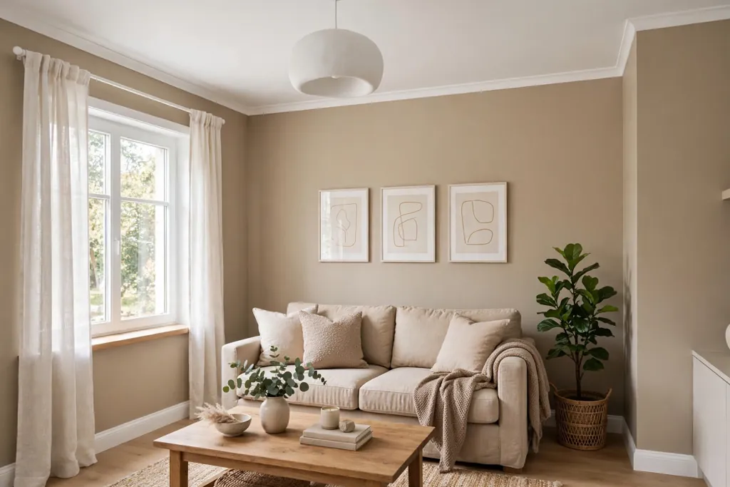 Living room wall freshly painted in a warm neutral tone with a clean white ceiling and trim.