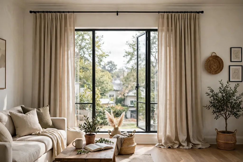 Living room window with long curtains hung high and wide, panels reaching the floor.