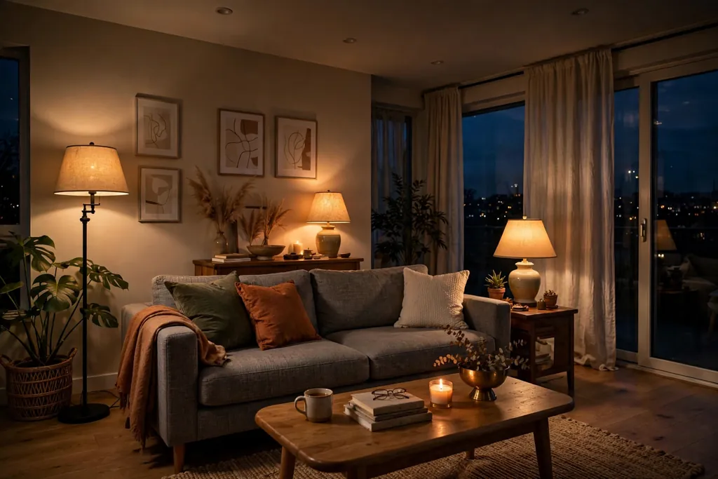 Living room in the evening lit by a floor lamp and table lamps with warm light.
