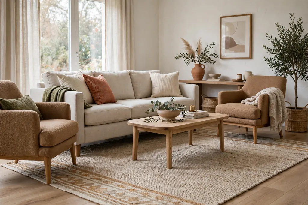 Living room seating group on one large rug that sits under the front legs of the sofa and chairs.